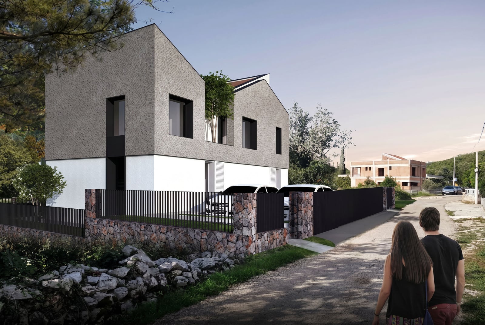 Modern two-story house in Radovići, Montenegro: facade with stone finishing, parking area, and stone fencing.