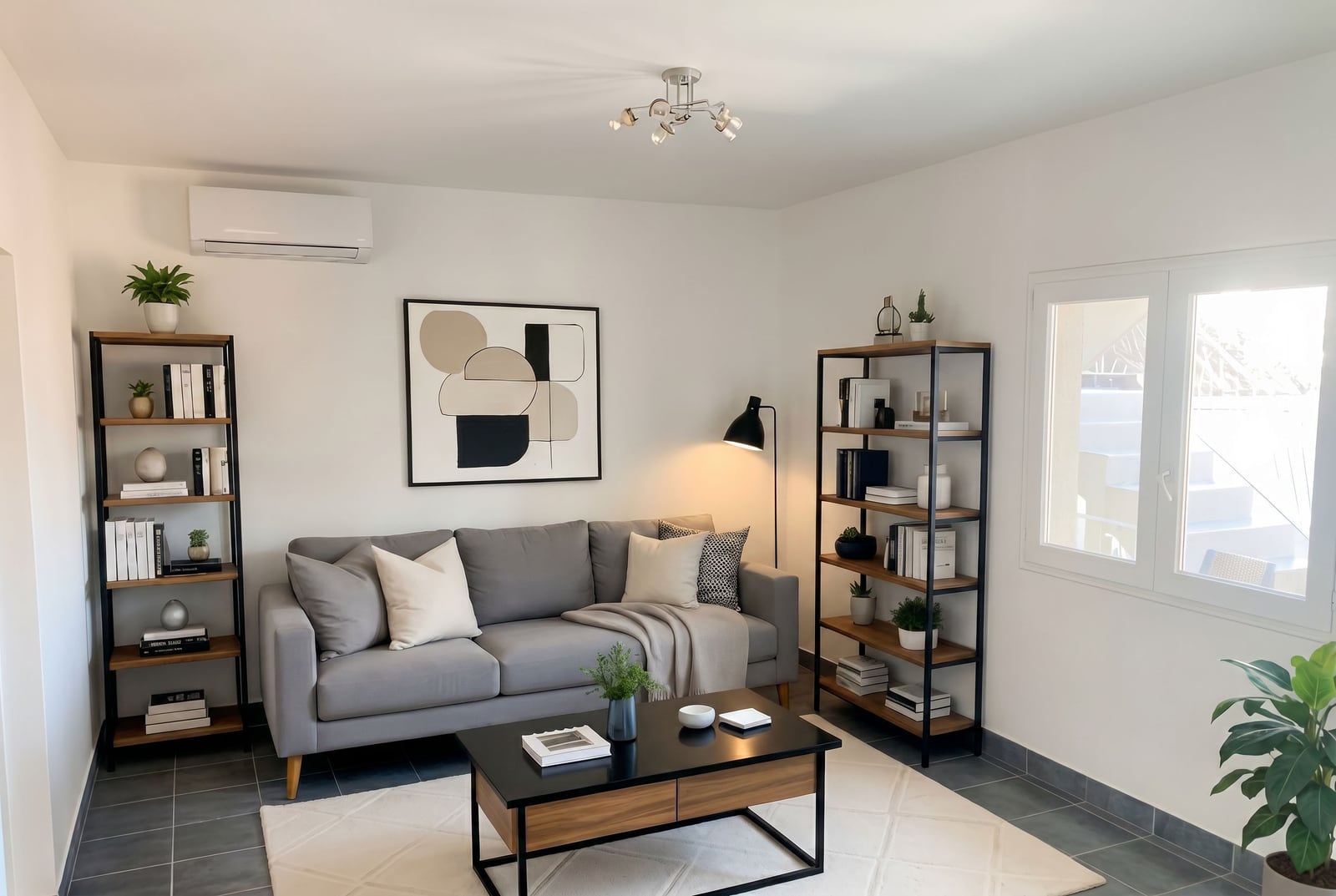 Modern living room in a house in Krašići, Montenegro: gray sofa, shelving units, coffee table, and stylish decor.