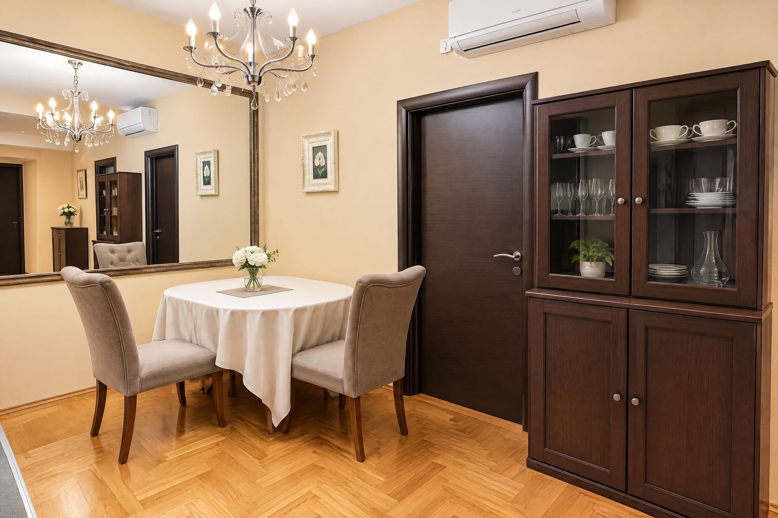 Dining area with a round table, two chairs, a dark wood display cabinet with glassware, and a chandelier.