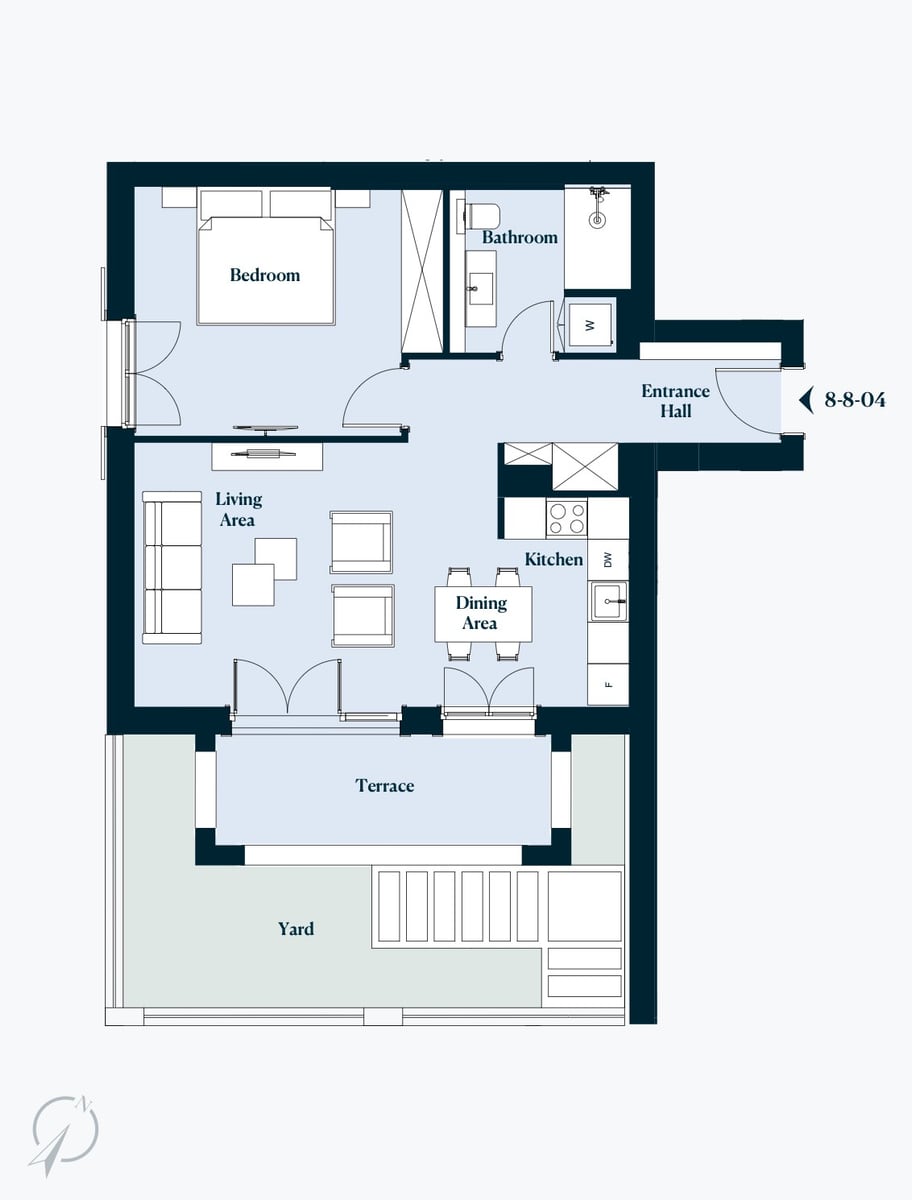 Apartment layout with a terrace and private courtyard in the Luštica residential complex, Montenegro: bedroom, kitchen, and living room.