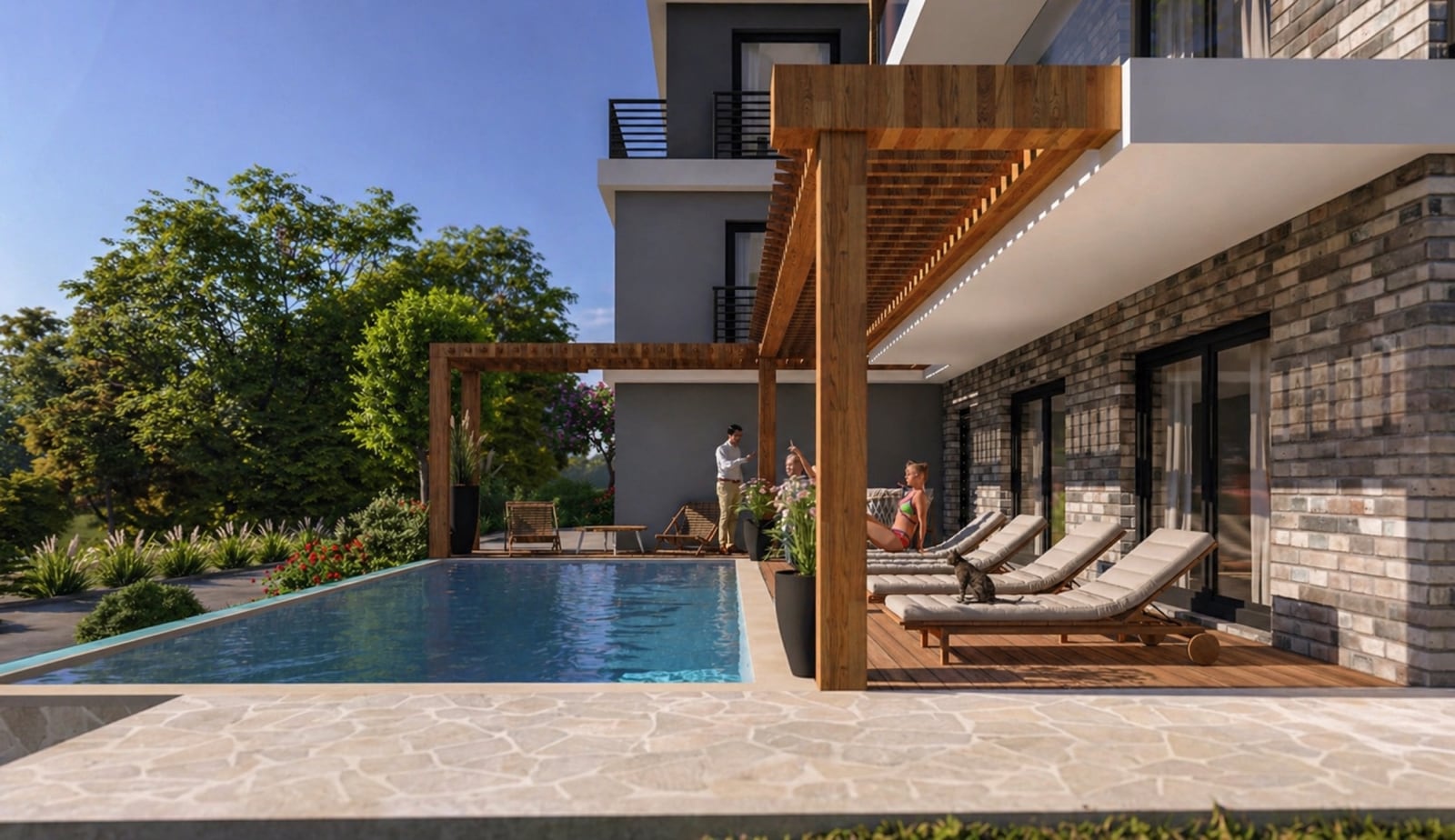 Modern villa with a pool and wooden terrace in Kotor, Montenegro: a relaxation area with sun loungers and a pergola.