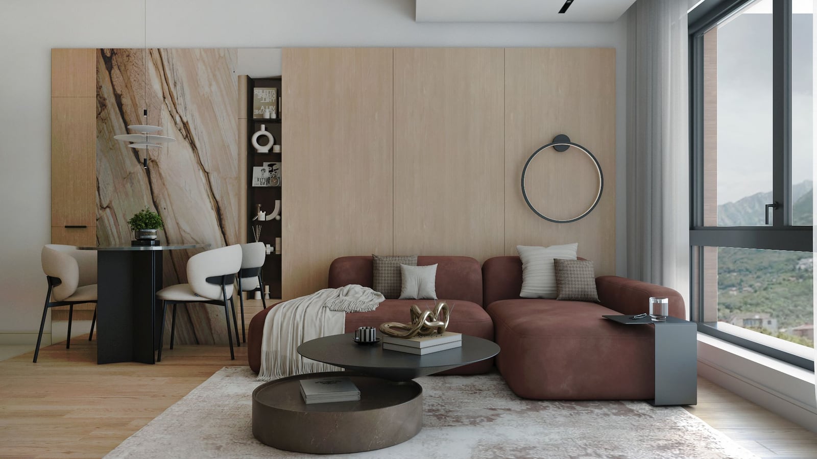 Modern living room in the Bar residential complex, Montenegro: terracotta sofa, panoramic windows with mountain views, and a stylish interior.