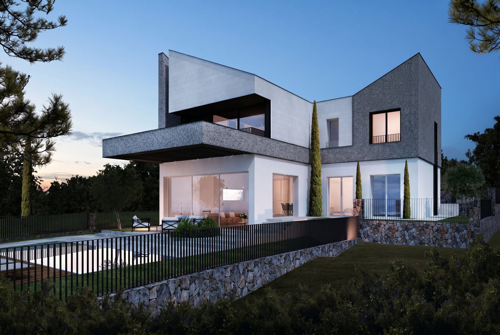 Modern villa with a pool and terrace in Radovići, Montenegro: exterior view of the house featuring panoramic windows and stone cladding