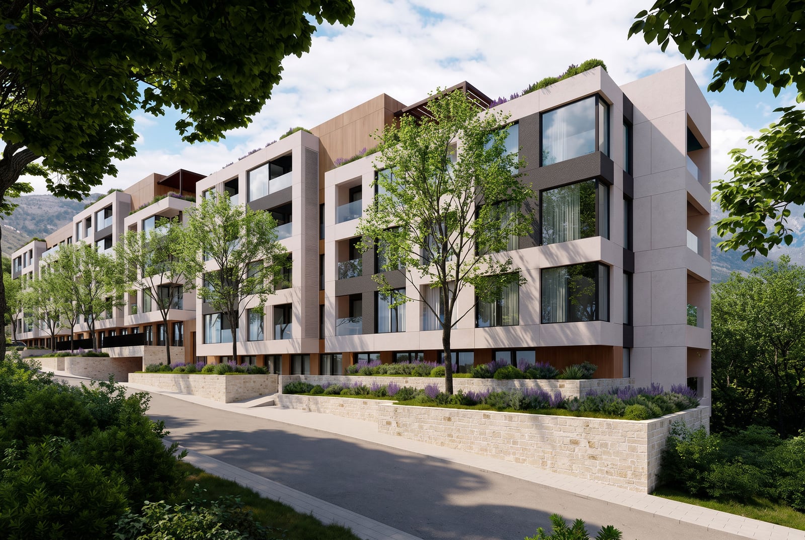 Modern multi-story residential building exterior with balconies, landscaping, and mountain backdrop.