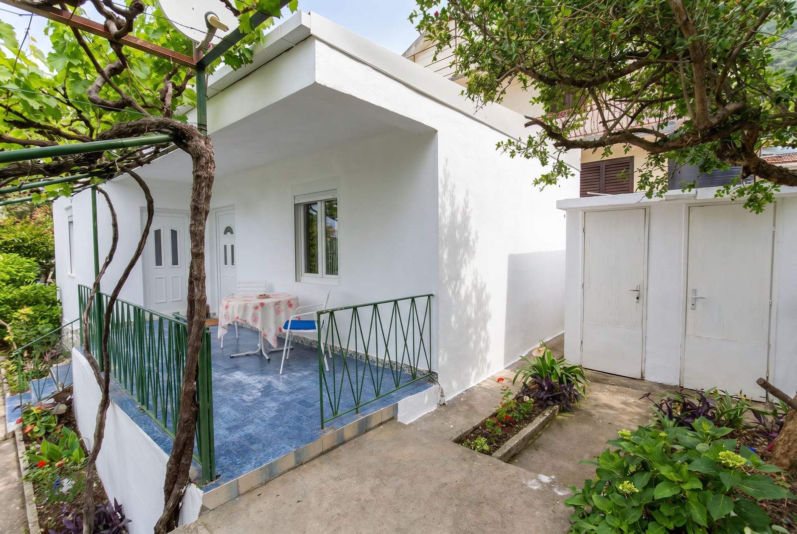 White house with a terrace and garden furniture in Sutomore, Montenegro: exterior view of a cozy plot with a vineyard.
