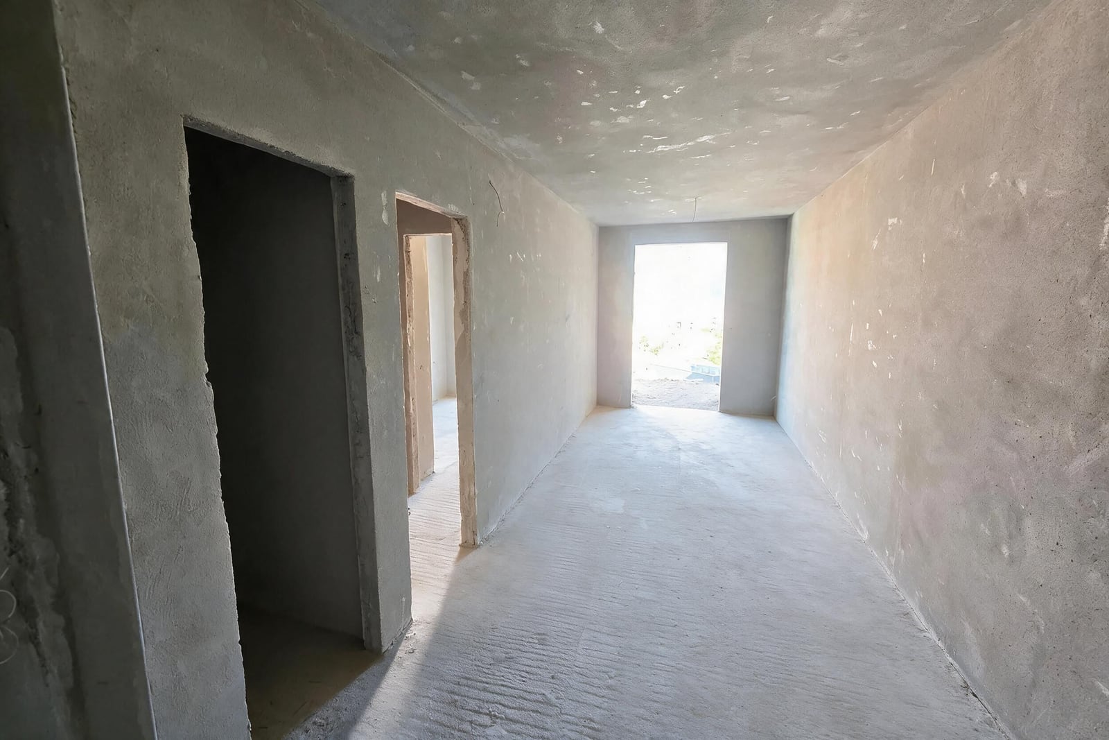 Unfinished corridor with raw concrete walls and floor, featuring empty doorways leading to other rooms.
