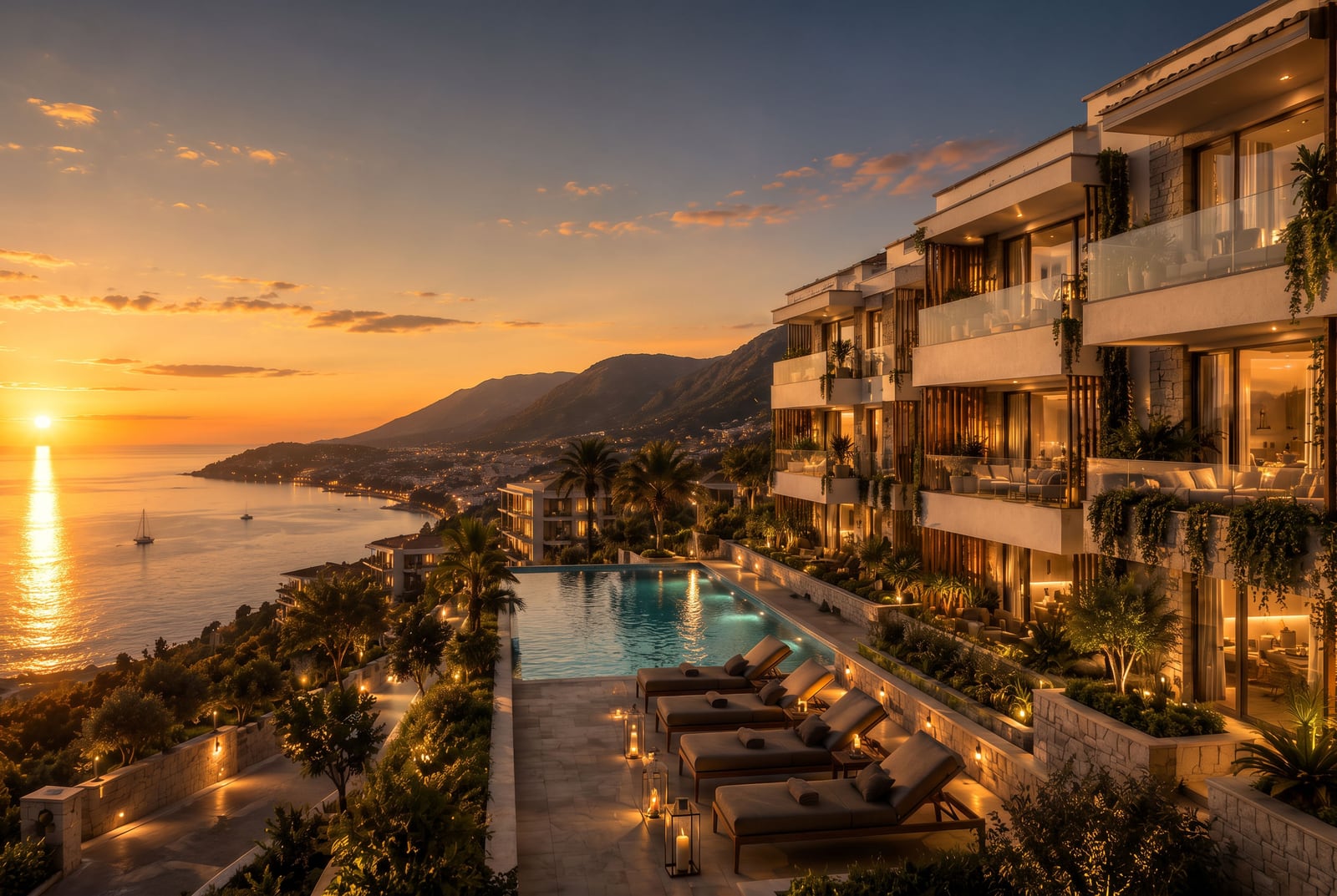 Infinity pool with lounge chairs overlooking the ocean and mountains at sunset.