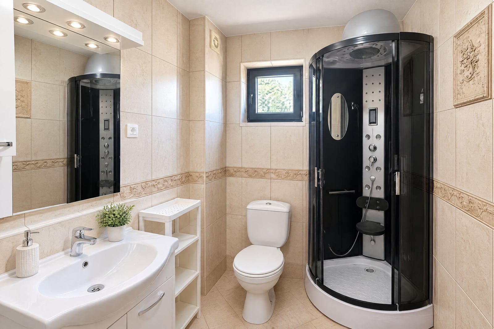 Bathroom featuring a white sink vanity, toilet, and a corner shower cabin with black glass panels.