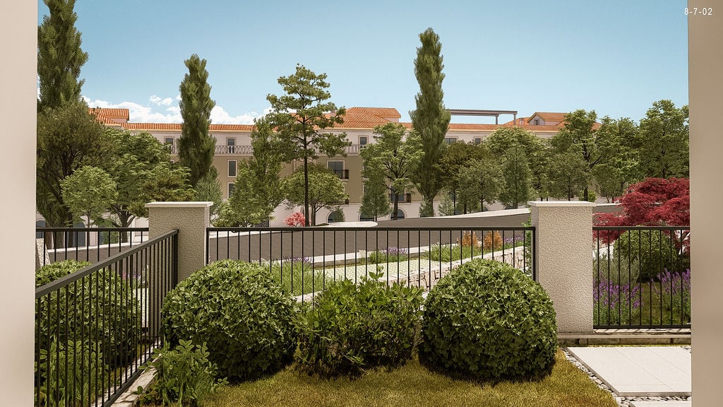 View from the terrace of an apartment in the Luštica residential complex, Montenegro: a well-maintained garden, landscape design, and Mediterranean architecture.