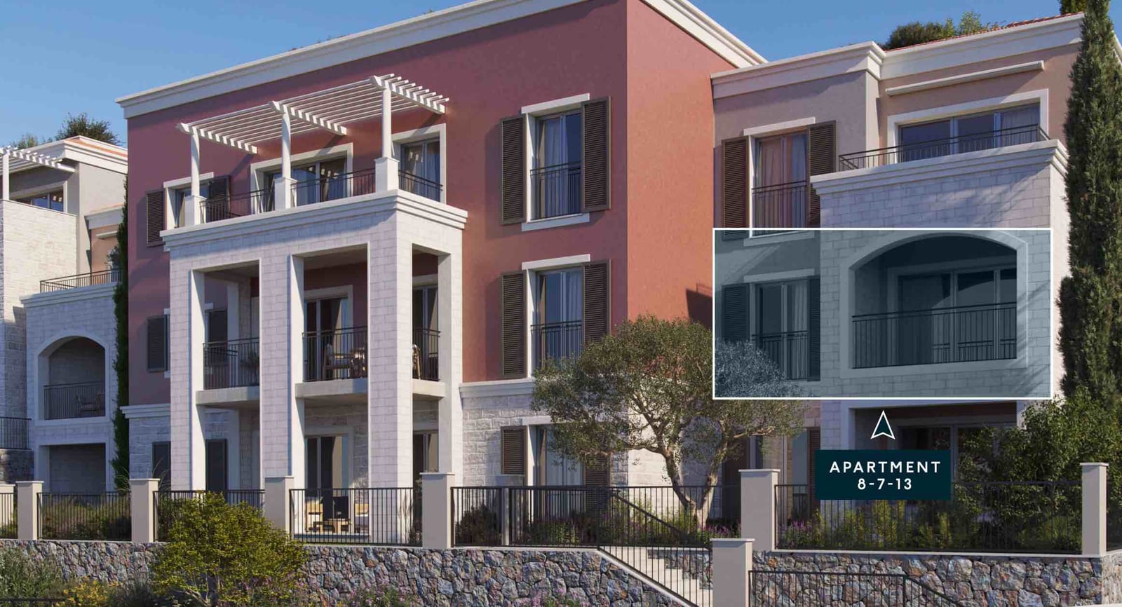 Facade of a residential complex in Luštica, Montenegro: modern architecture, terraces with pergolas, and stone cladding.