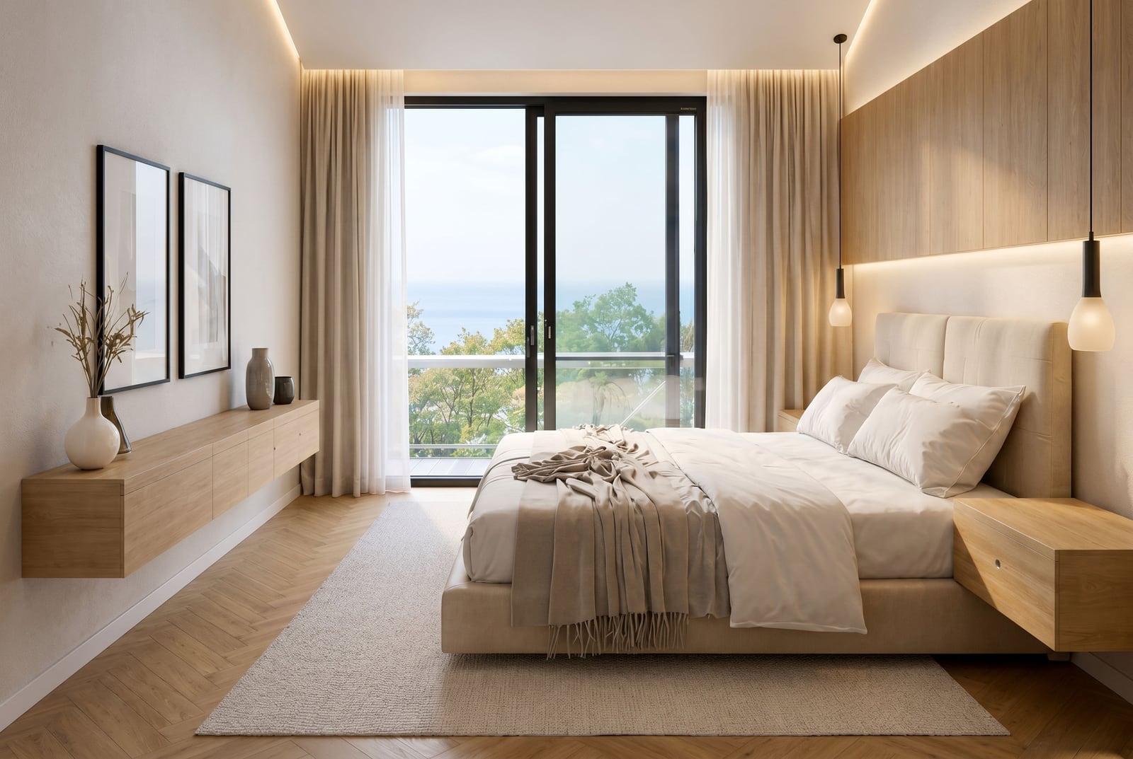 Modern bedroom in a townhouse, Rezevici, Montenegro: panoramic sea view, light-colored furniture, and stylish interior.