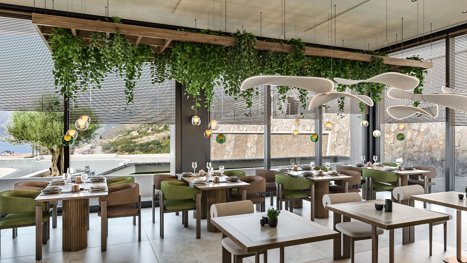 Modern restaurant with wooden tables, green chairs, hanging plants, and large windows overlooking a landscape.