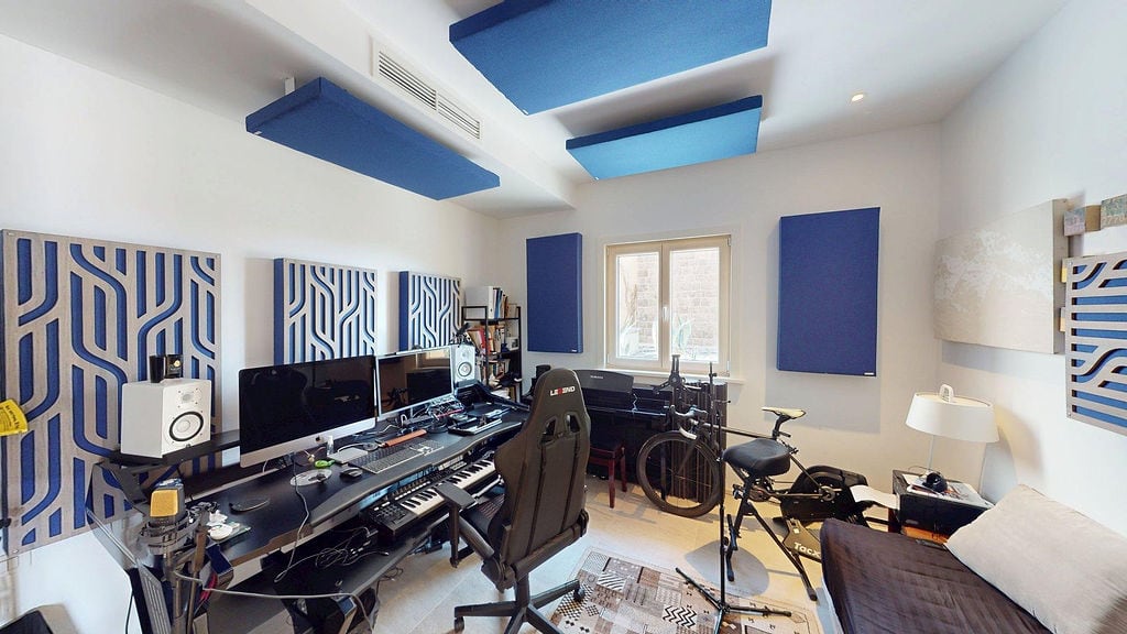 Home recording studio with acoustic panels and a workspace in an apartment, Luštica, Montenegro.