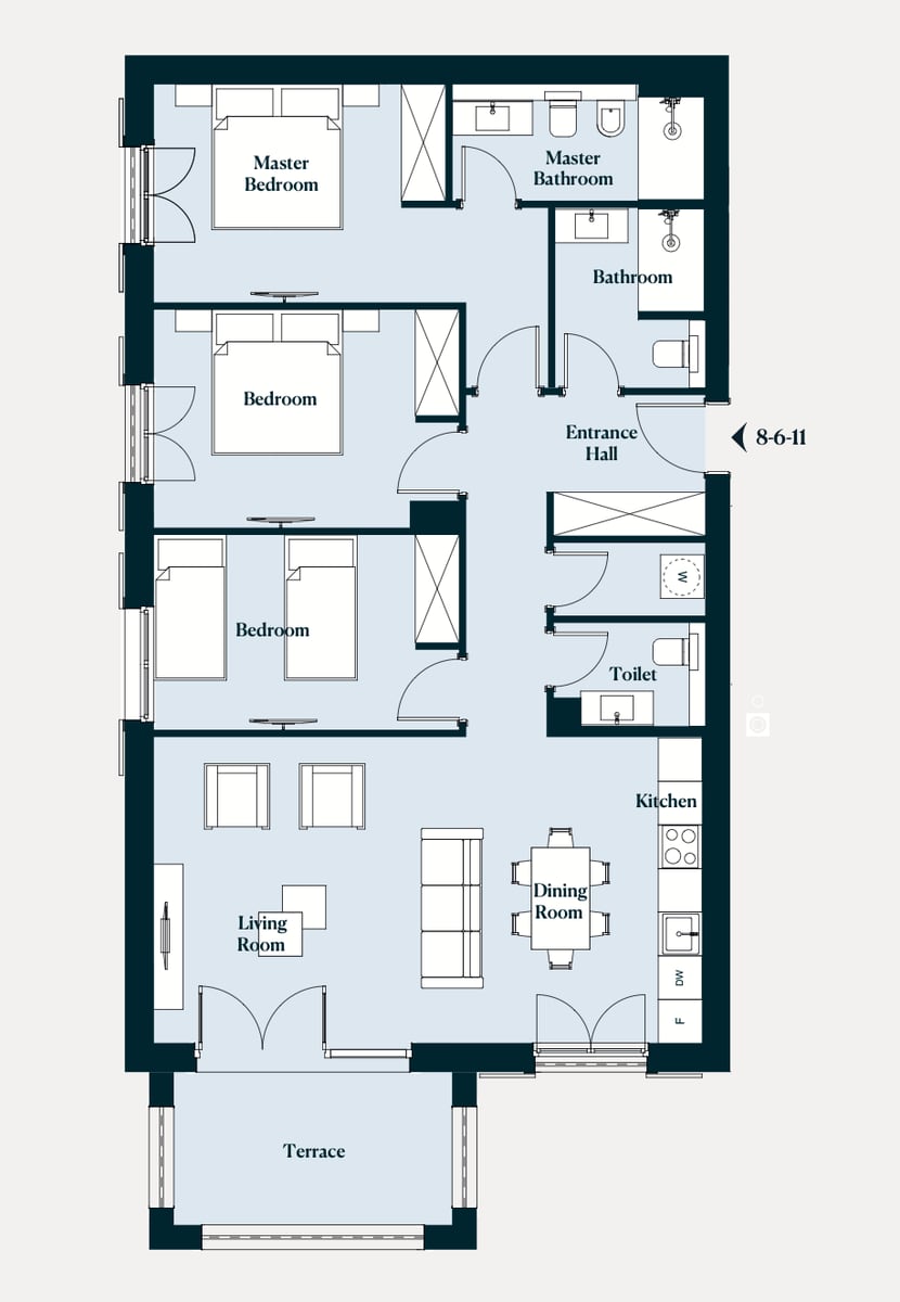 Layout of a three-bedroom apartment with a living room, kitchen, and terrace in the Luštica residential complex, Montenegro.