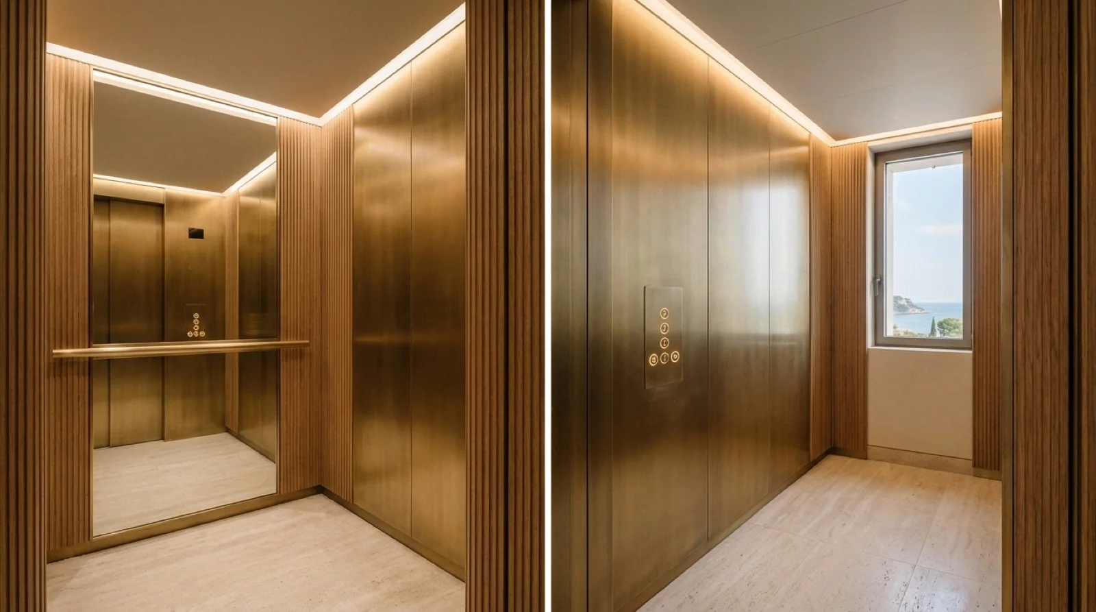 Elevator lobby interior featuring wood paneling, bronze walls, a large mirror, and control buttons.