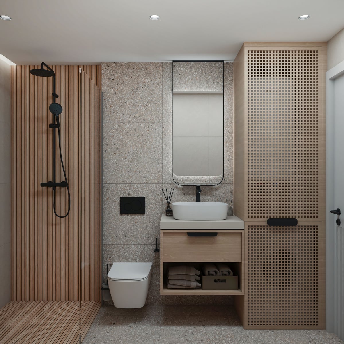 Modern bathroom with wood-look and terrazzo finishes in Bar, Montenegro: shower, wall-mounted fixtures, and furniture.
