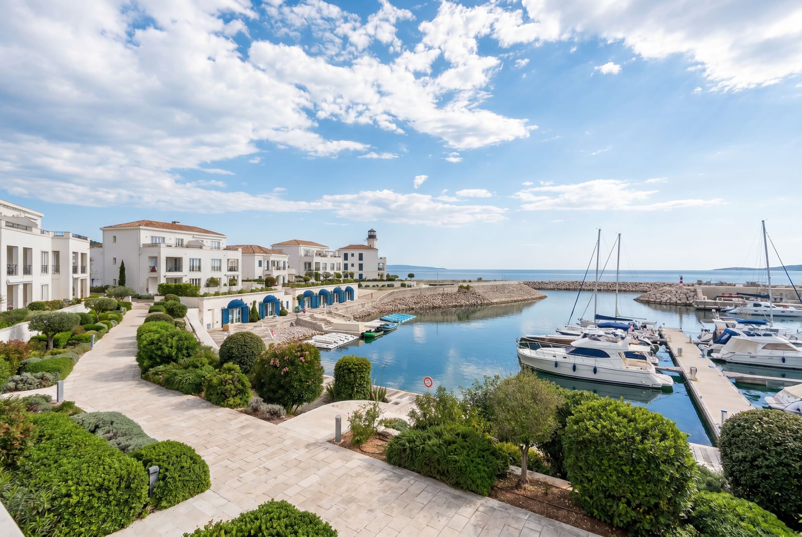 View of the luxury Lustica Bay residential complex in Montenegro with its own private marina and landscaped grounds