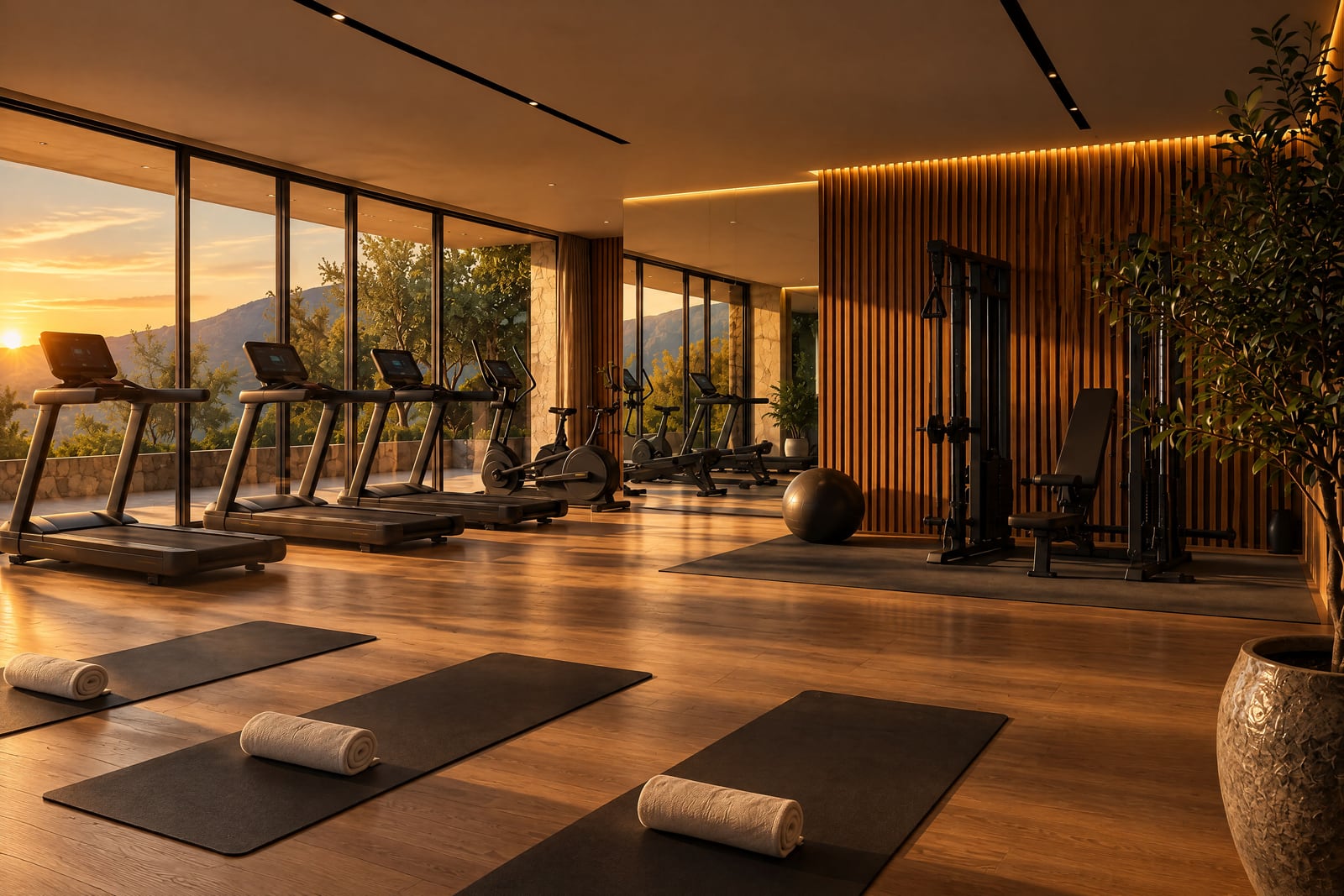 Modern home gym featuring treadmills, weight machines, and yoga mats on wooden floors facing panoramic windows with a mountain view.