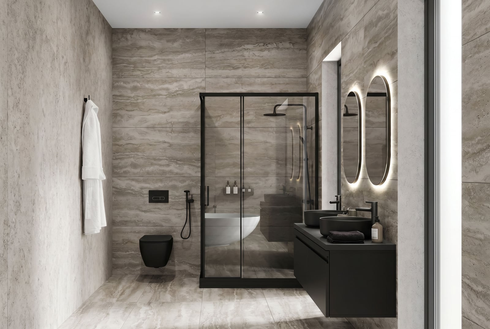 Modern bathroom with stone finishes, black fixtures, and a walk-in shower in Kumbor Residence, Montenegro.