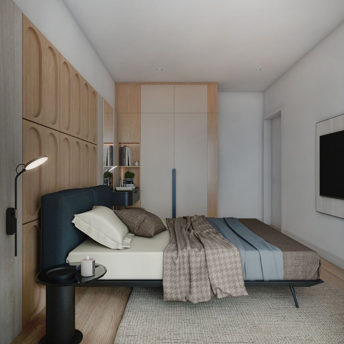 Modern bedroom with wood-paneled walls and a built-in wardrobe in a residential complex in Bar, Montenegro.