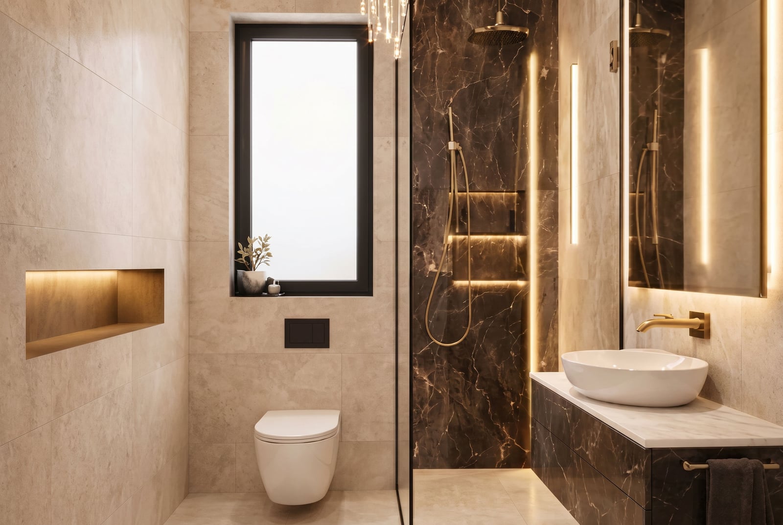 Modern bathroom with dark marble finishes in a townhouse, Reževići, Montenegro: shower, ambient lighting, and premium fixtures.
