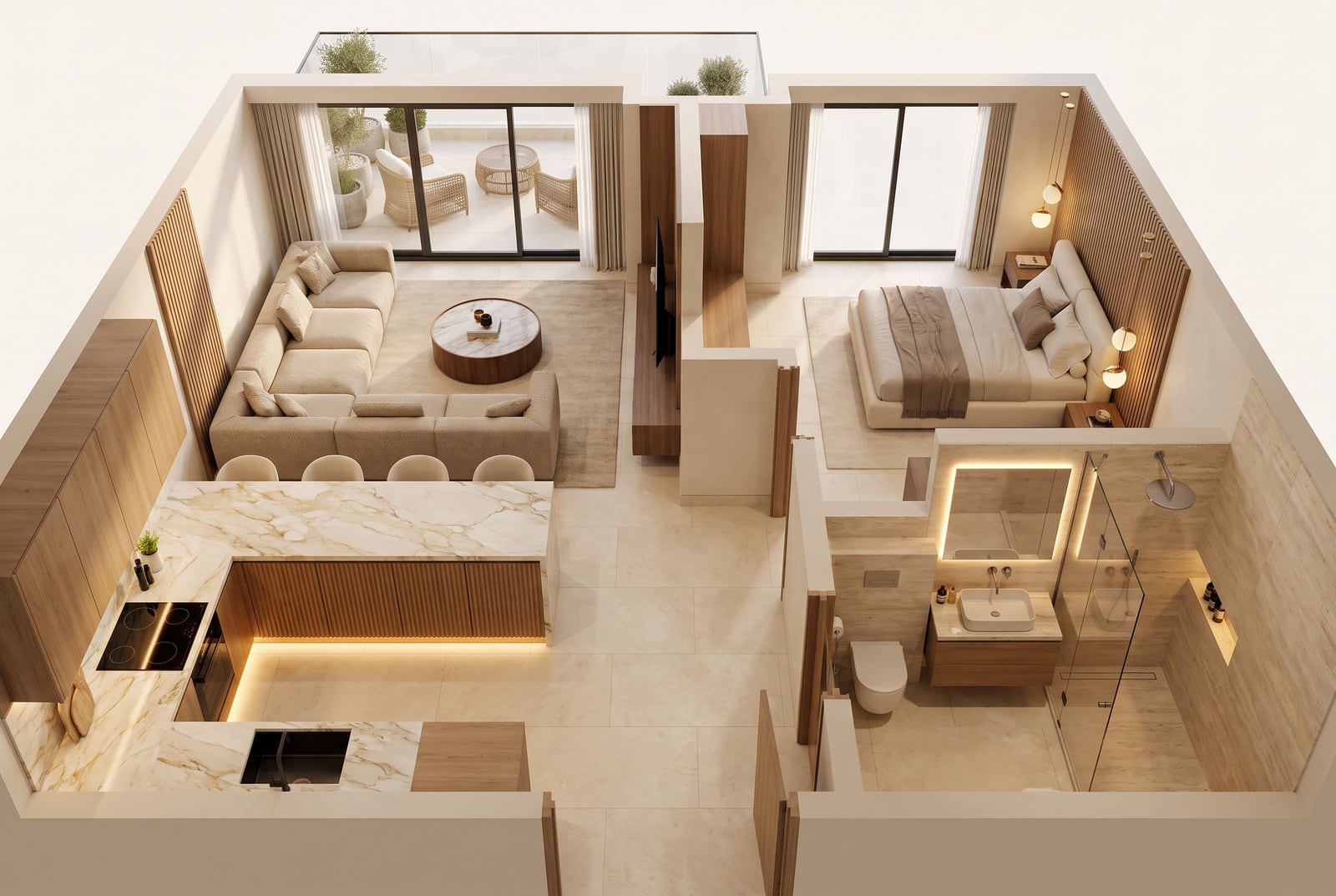 3D floor plan showing a kitchen, living room, bedroom, and bathroom in a single overhead view.