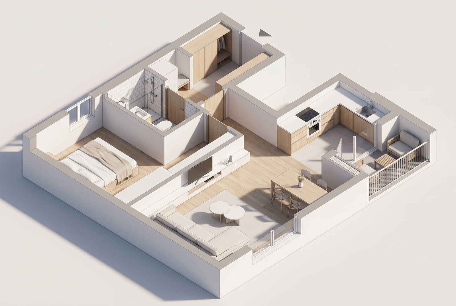 3D floor plan of an apartment in Tivat, Montenegro: bedroom, kitchen-living room, bathroom, and terrace with modern furniture.