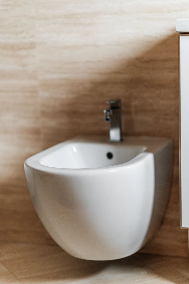 Modern wall-mounted bidet in the bathroom of an apartment in Budva, Montenegro, with beige wall tiles.