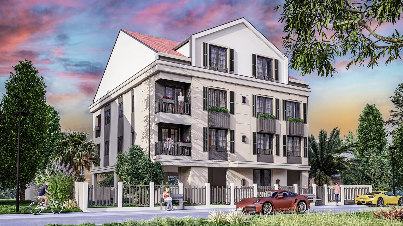 Modern residential complex in Tivat, Montenegro: a three-story building with balconies, terraces, and landscaped grounds