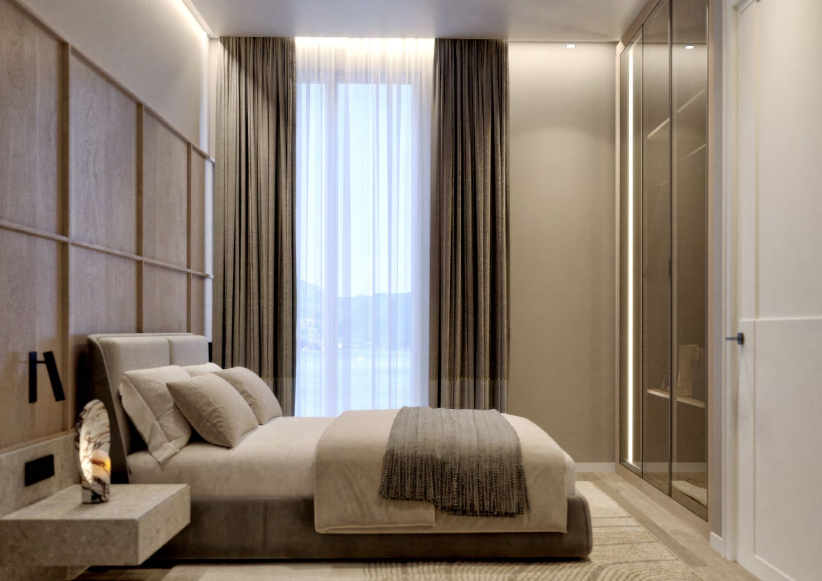 Modern bedroom with panoramic window, furniture, and walk-in closet in a penthouse, Orahovac, Montenegro