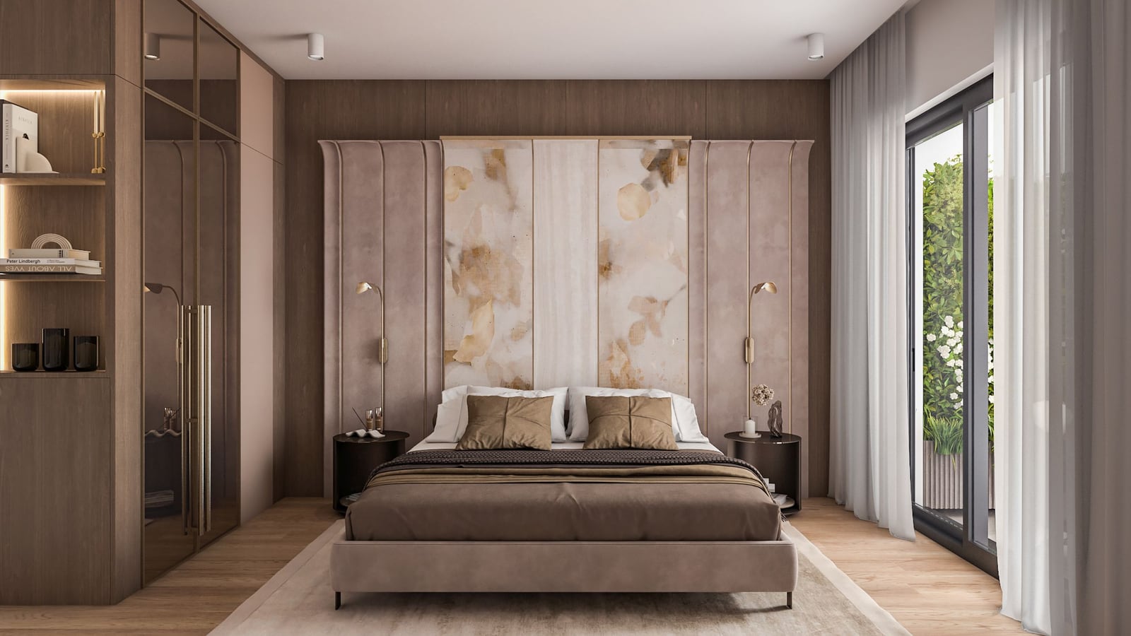 Modern bedroom with a designer headboard in Bar Residence, Montenegro: double bed, wardrobes, and access to the terrace.