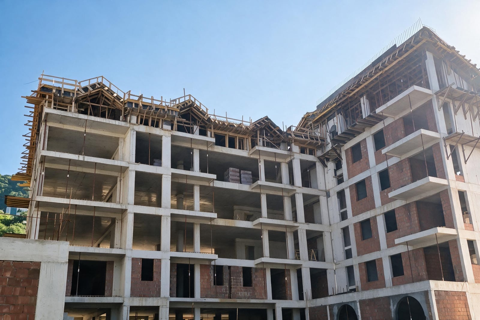 Multi-story building under construction featuring exposed concrete frames, brick walls, and wooden roof supports.