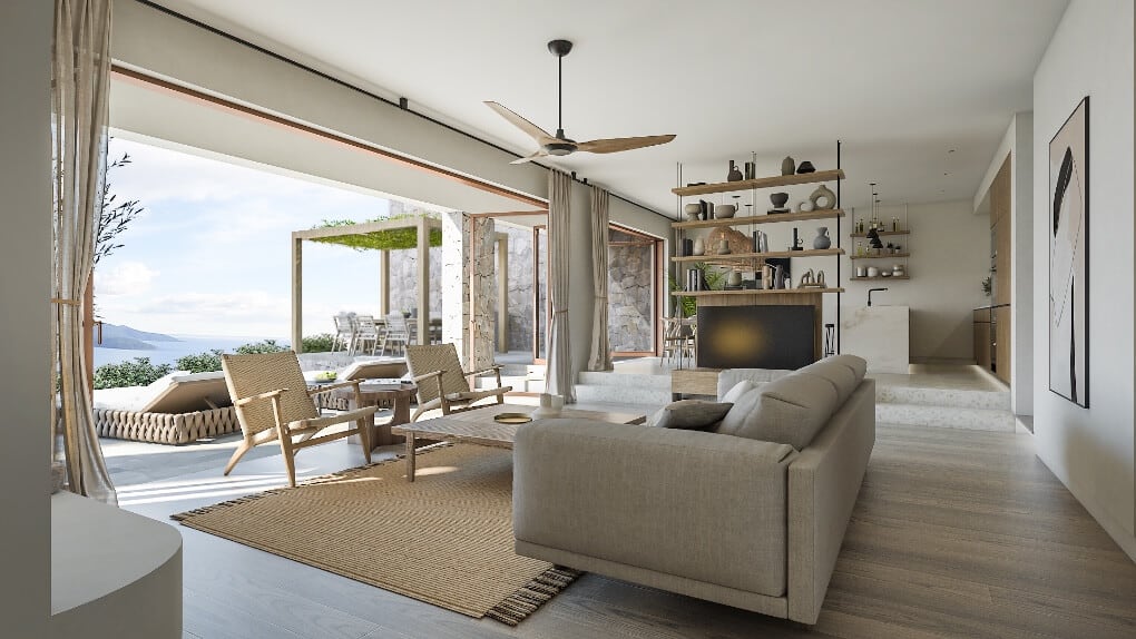 Living room with terrace and sea view in a luxury villa, Luštica, Montenegro: modern interior, wooden furniture.