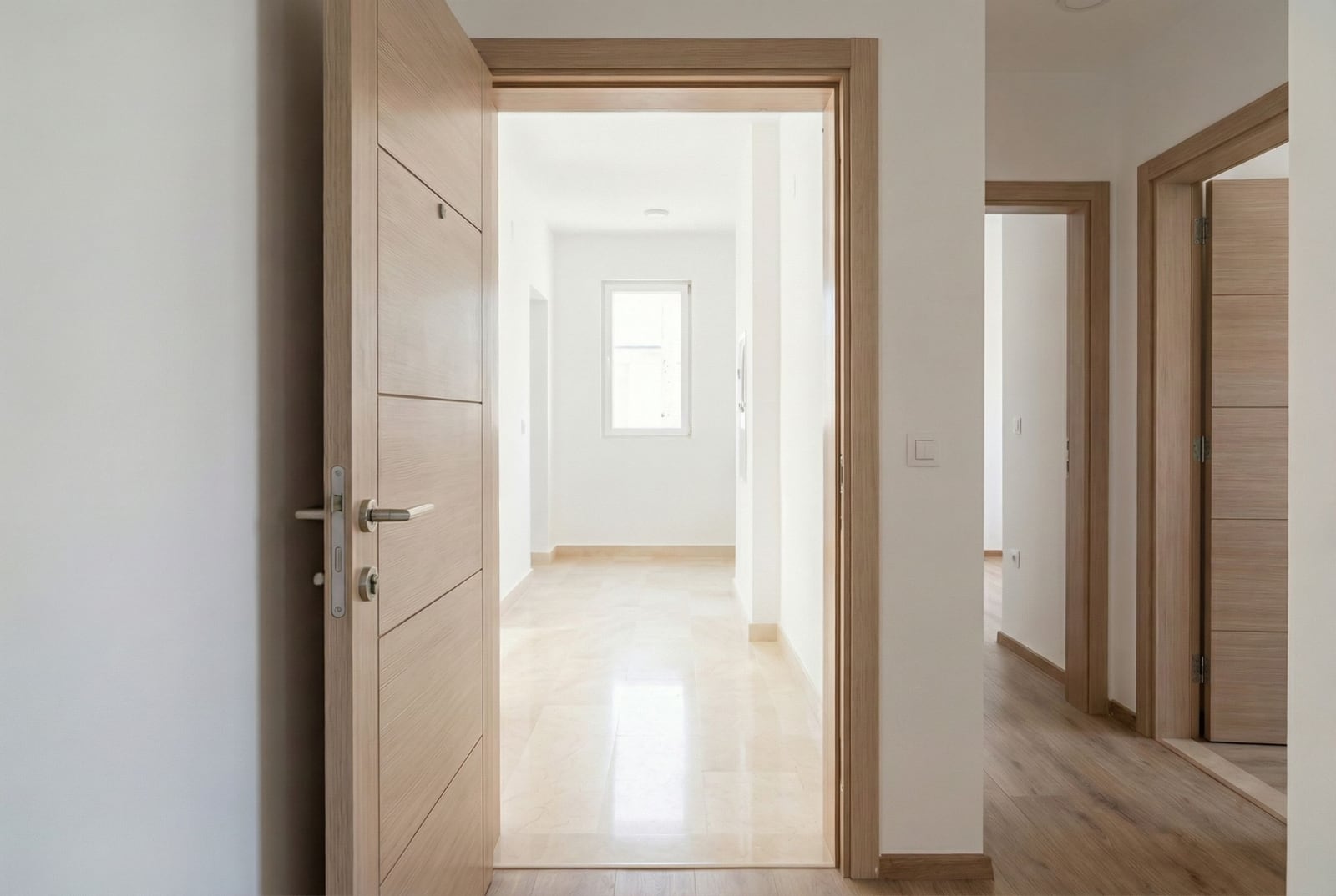Bright hallway with interior doors made of light wood in a modern apartment, Budva, Montenegro.