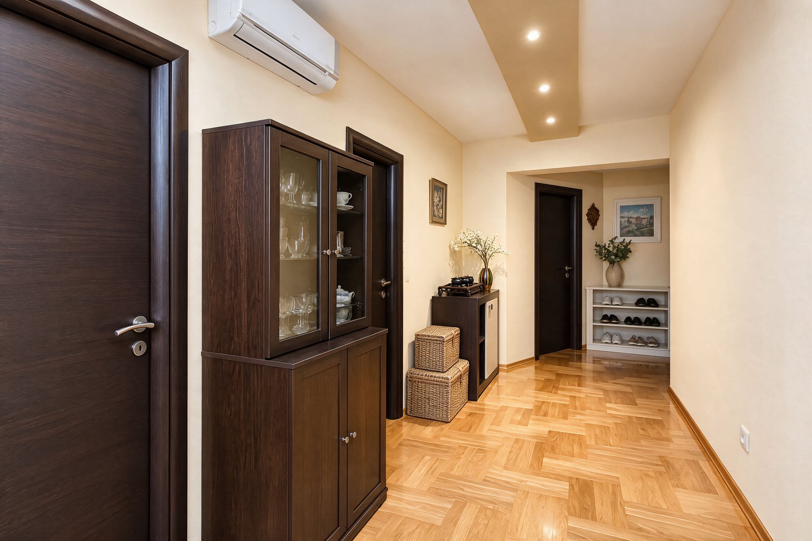 Hallway with parquet flooring, a glass display cabinet, shoe rack, and wall-mounted air conditioner.