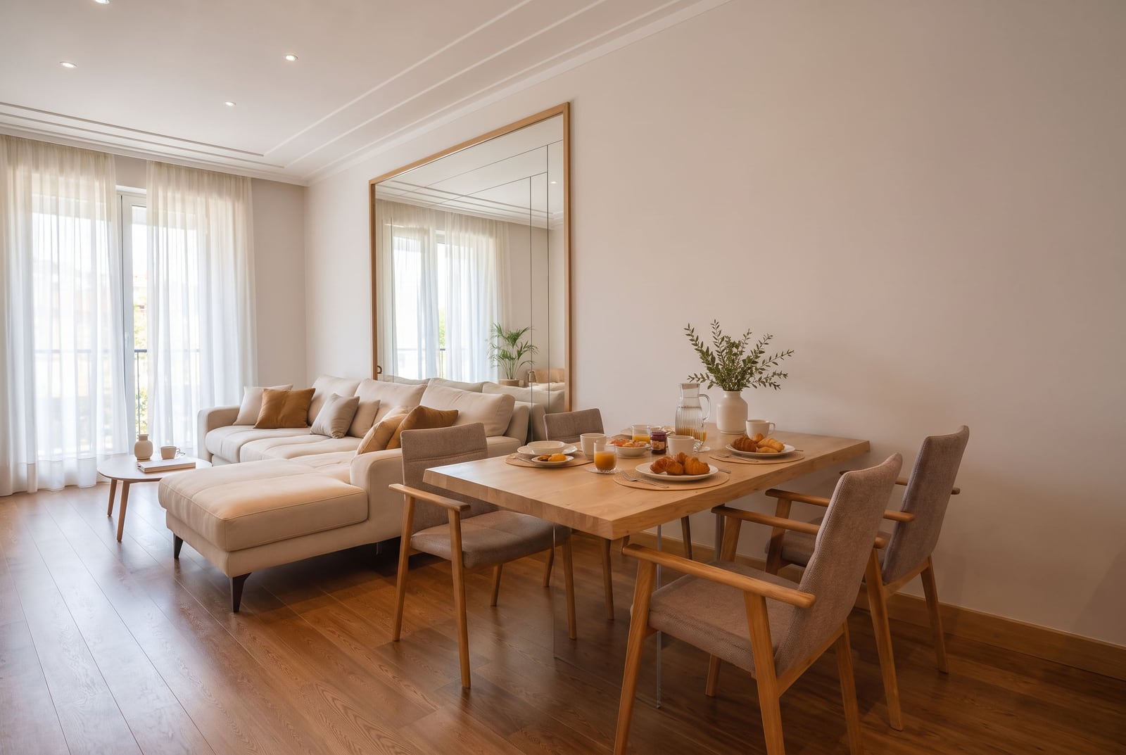 Bright room featuring a beige sofa, wooden breakfast table, and a large wall mirror.