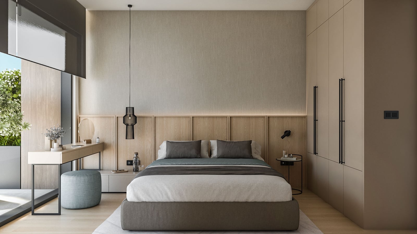 Modern bedroom featuring a large bed with wood headboard, built-in wardrobe, vanity desk, and pendant light.