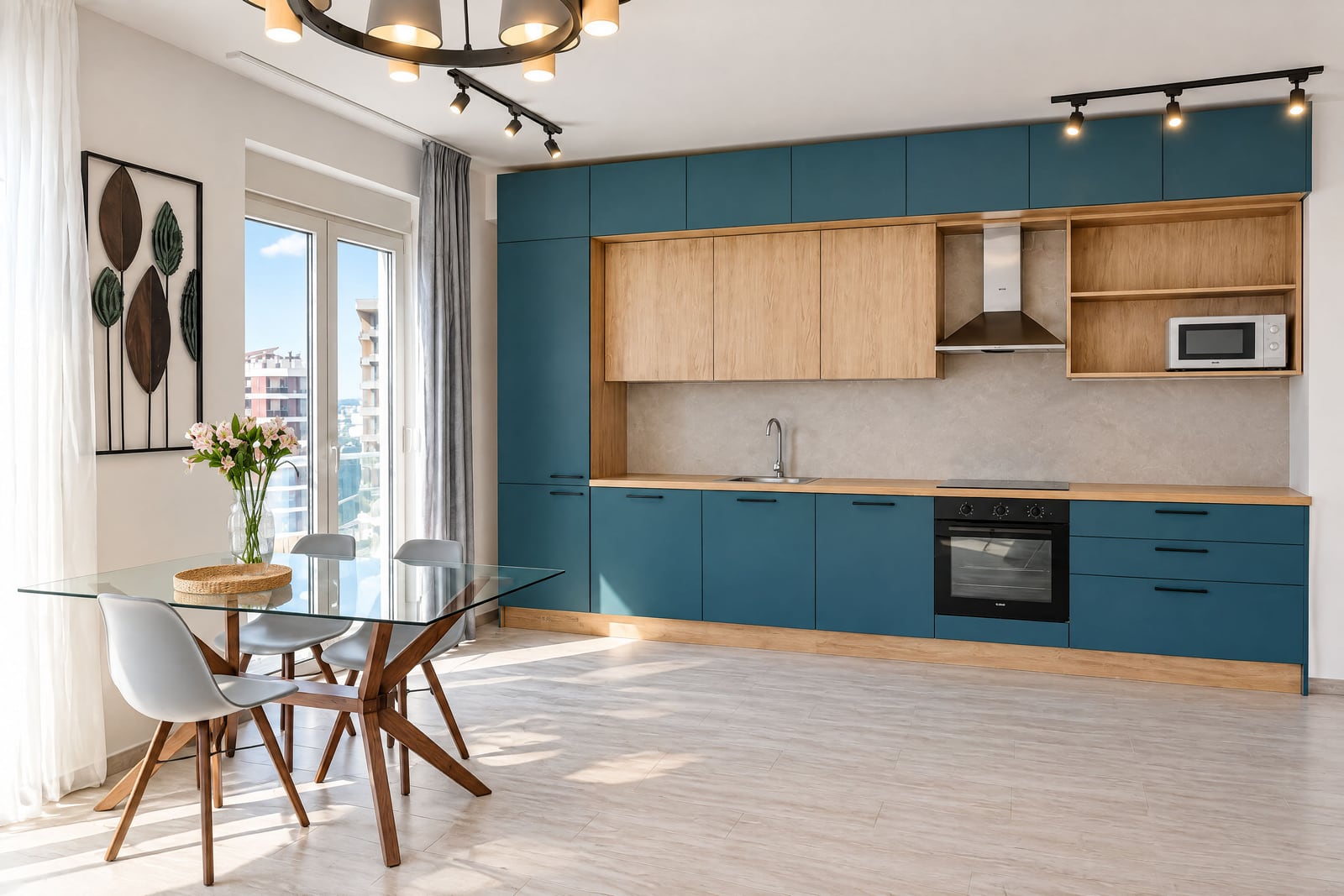 Modern kitchen with teal and wood cabinets, built-in appliances, and a glass dining table near a window.