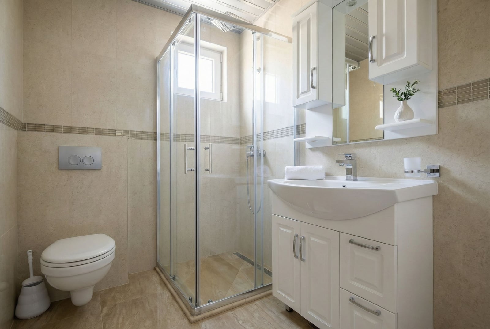 Modern bathroom with a shower cabin in an apartment, Tivat, Montenegro: white furniture, beige tiles, and sanitary ware.