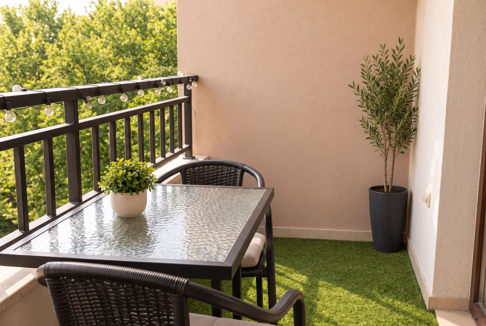 Balcony with artificial grass, glass table, wicker chairs, and string lights on the railing overlooking trees.