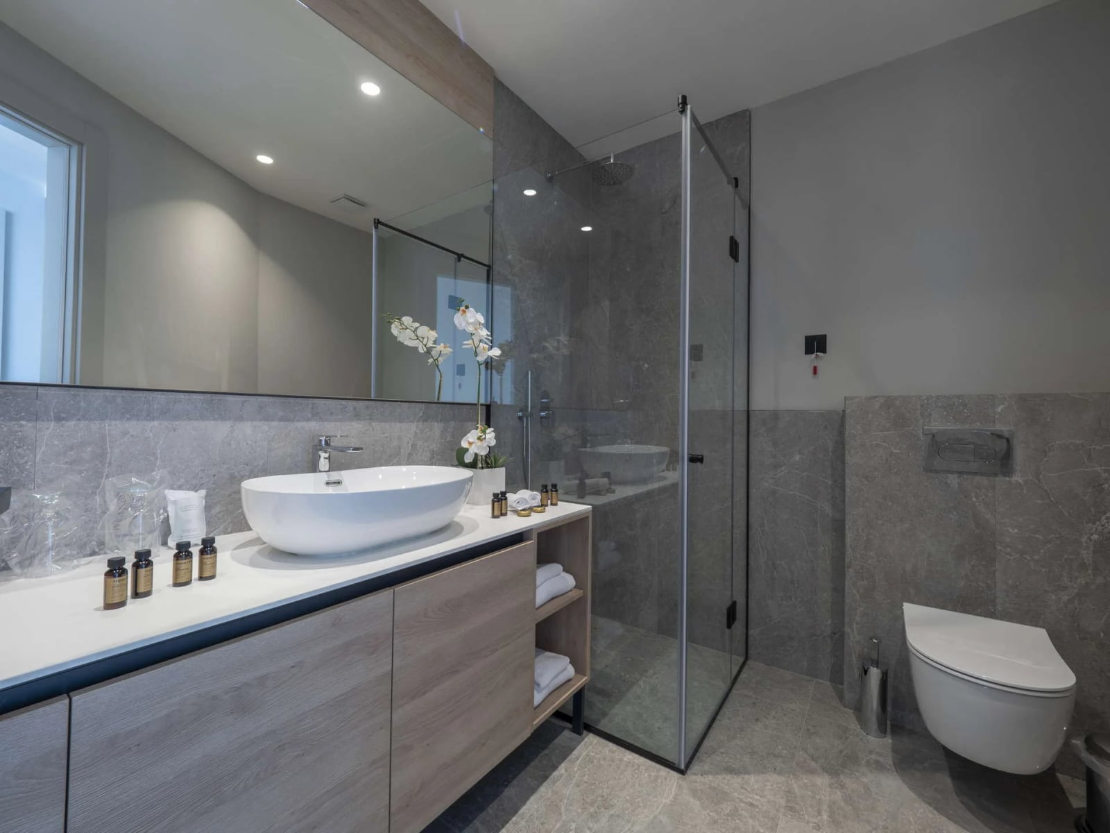 Modern bathroom with gray tile, wall-hung toilet, glass shower enclosure, vessel sink on a wood vanity, and large mirror.