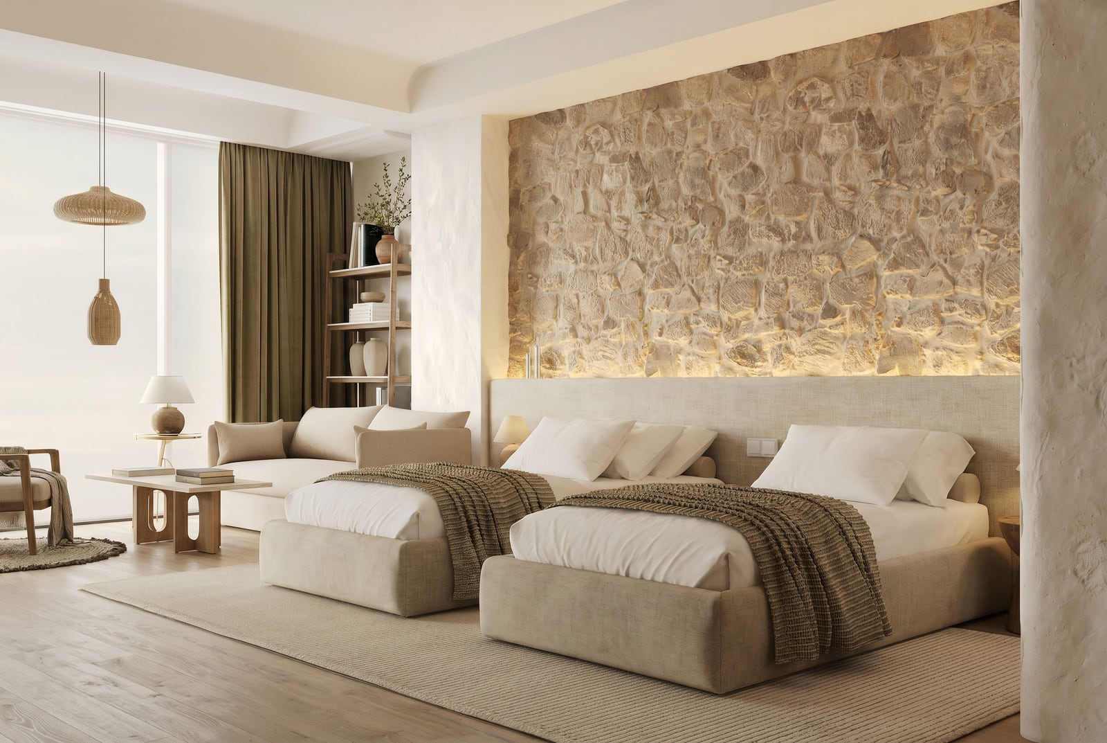 Bedroom design in an apartment in Sveti Stefan, Montenegro: two beds, stone accent wall, and panoramic windows.