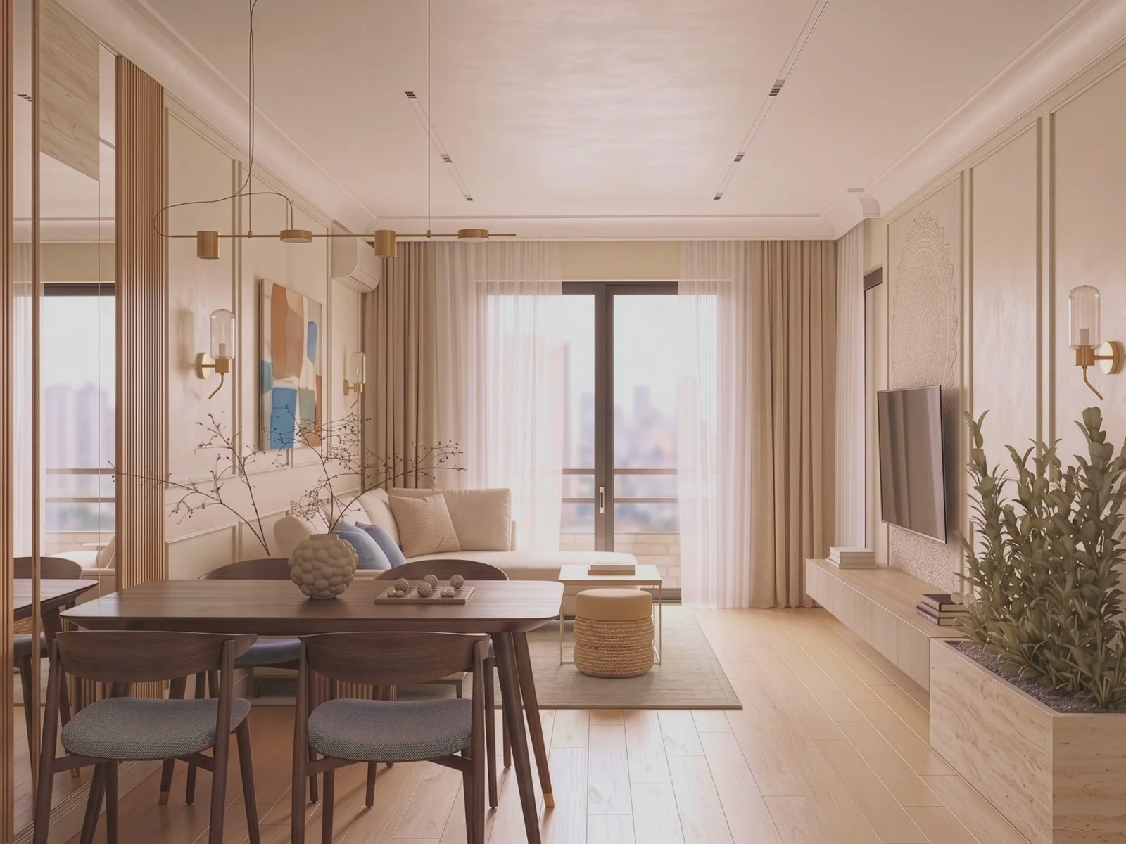 Modern living room with dining area, sofa, TV, and large window overlooking city.