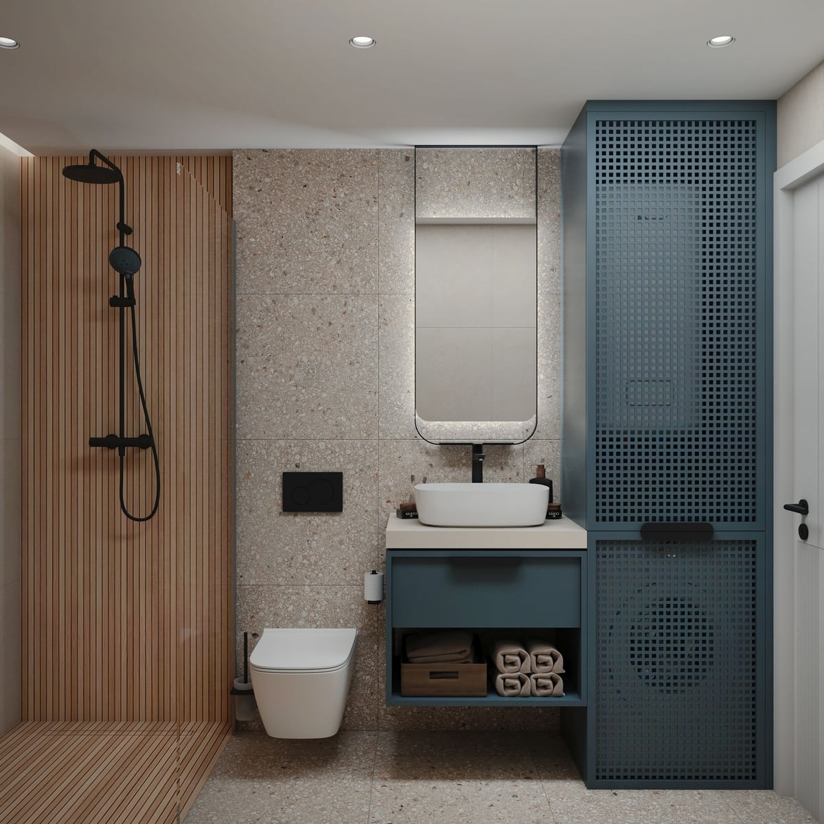 Modern bathroom in Bar, Montenegro: terrazzo-style finishes, wooden slats, and blue illuminated cabinetry.