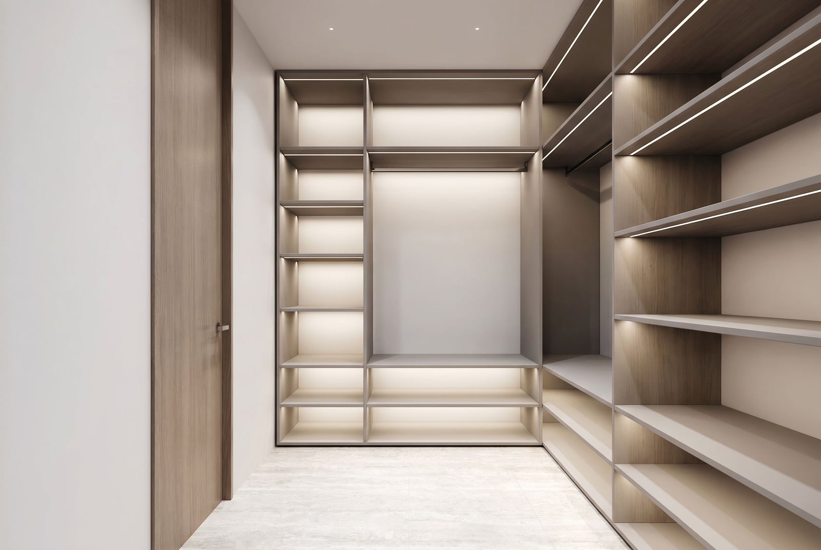 Modern walk-in closet with integrated lighting in a luxury apartment, Sveti Stefan, Montenegro: bedroom interior design.