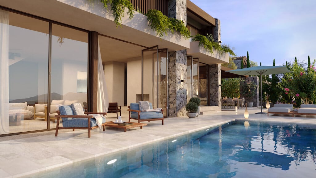 Modern villa with a pool and terrace in Luštica, Montenegro: panoramic windows, stylish furniture, and stone finishes.