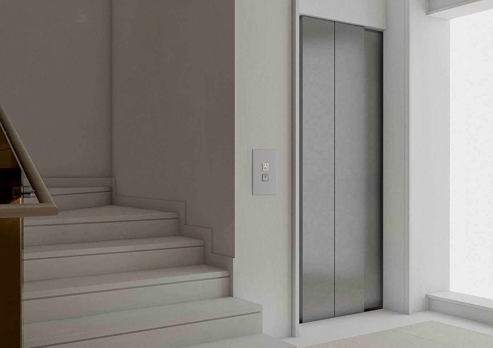Minimalist interior showing a staircase and elevator with grey walls and metallic doors.