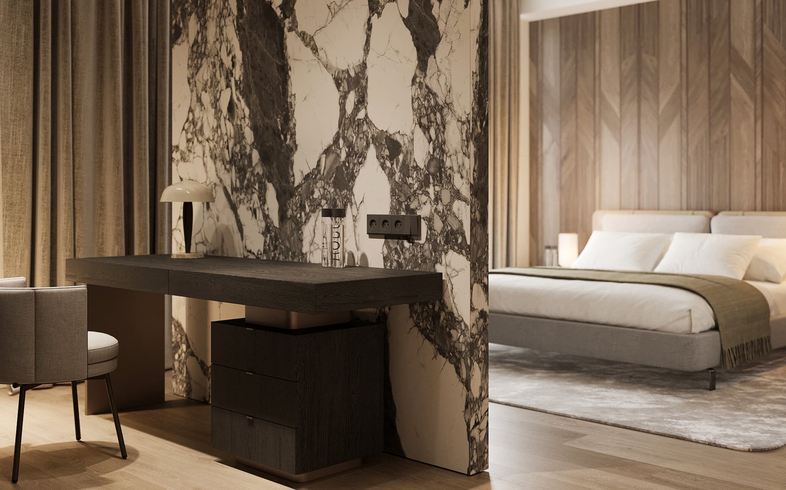 Bedroom interior in a luxury apartment in Sveti Stefan, Montenegro: marble partition, desk, and double bed.