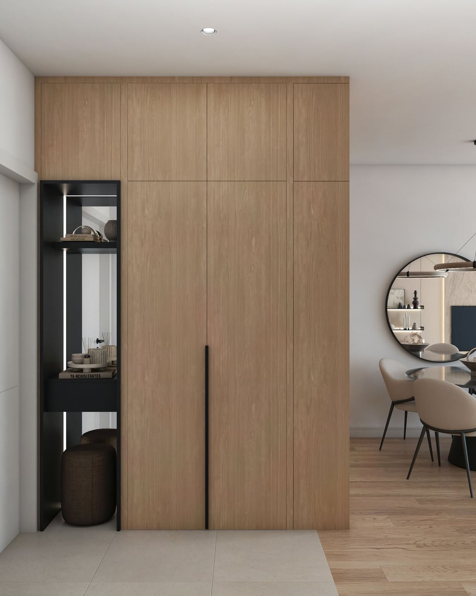 Modern living room interior in ЖК Бар, Montenegro: built-in wooden cabinet with a black niche and dining area.