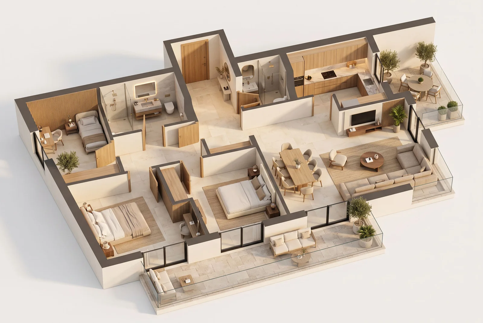 3D architectural floor plan of an apartment showing the layout of bedrooms, kitchen, living room, and balconies from a top-down view.